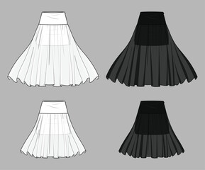 Wall Mural - Vector layered midi skirt fashion CAD, woman tulle flared skirt with gathering technical drawing, template, flat, sketch. 2 pcs set of mesh skirt with front, back view, white black