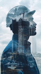 A construction worker in a hard hat with a city skyline behind him.