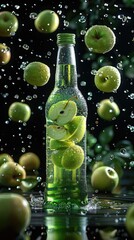 Poster - A glass drink bottle filled with a light bright green soft drink liquid, floating, green apples in the air, green bottle cap, black background.