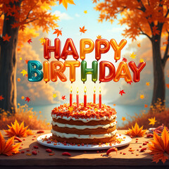 Holiday card. Birthday cake with the words Happy Birthday, surrounded by autumn leaves and trees, set against a backdrop of a sunset or sunrise.