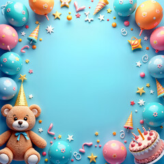 Greeting card. Vibrant and colorful digital illustration featuring a large blue circle surrounded by various party decorations, including balloons, stars, and candies, with a teddy bear and a cake.