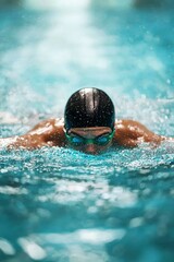 Swimmer using a kickboard to improve their leg strength. They kick vigorously as they move across the pool