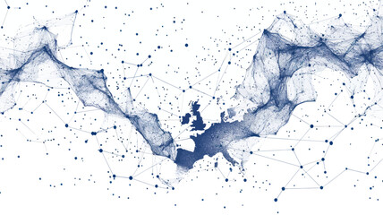 Poster - Abstract European Continent Connected Dots and Lines Vector Map with Starry Universe Background, Minimalistic Flat SVG Art, Modern Technology Network Illustration