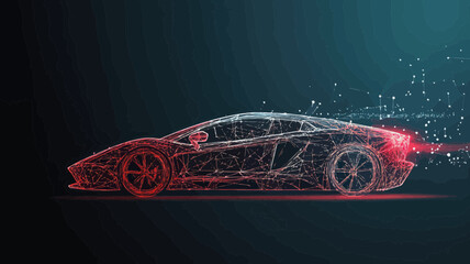 Poster - Futuristic Wireframe Sport Car with Polygonal Line Connection on Abstract Background - Low Poly Vector Speed Concept