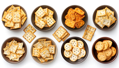 Wall Mural - Set of different tasty crackers in bowls on white background, top view