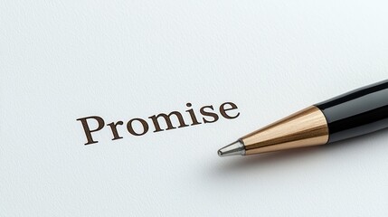 Close-up of a pen placed next to the word 'Promise' on a clean paper background, symbolizing commitment and professionalism.