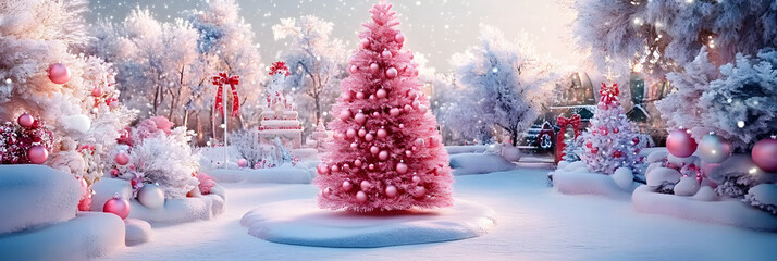 Sticker - Charming winter wonderland featuring a pink Christmas tree and festive decorations in a magical snowy setting