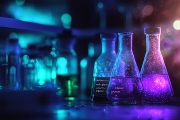 Two beakers filled with glowing purple liquid stand on a table with other laboratory equipment in the background.