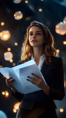 Poster - Confident businesswoman holding documents, surrounded by glowing orbs of light, creating an enchanting atmosphere of success and inspiration.