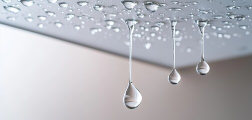 close-up of water droplets leaking from ceiling, moisture buildup and damage, urgent home repair nee