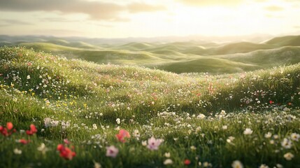 Wall Mural - Vibrant Flower Field Under Golden Sunset Light