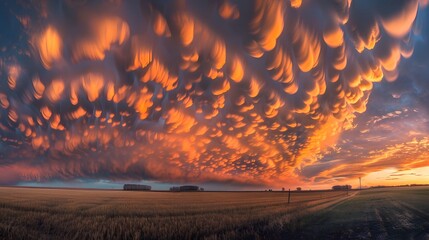 A captivating scene of Mammatus clouds during sunset or sunrise, emphasizing their appeal to photographers with vibrant colors and striking cloud formations