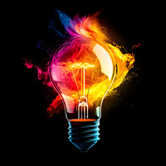 Exploding Light Bulb with Colorful Paint Representing Creativity, Collaboration, and Brainstorming