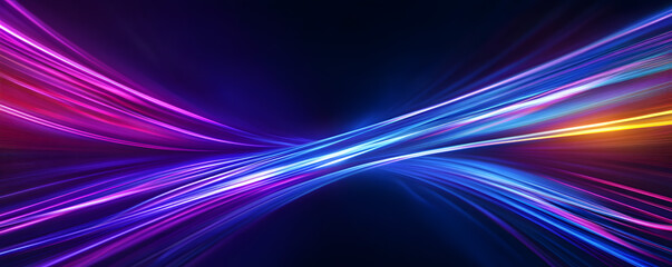 Wall Mural - Futuristic dynamic motion technology. Neon color glowing lines background, high-speed light trails effect. Purple glowing wave swirl, impulse cable lines.