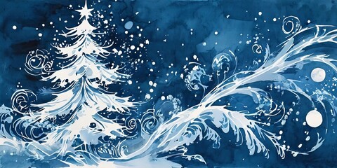 Poster - A blue and white painting of a Christmas tree with snow falling on it