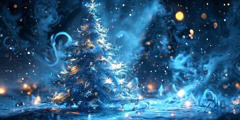 Poster - A blue Christmas tree with smoke and lights surrounding it