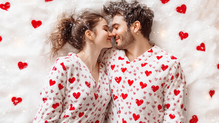 Happy couple in love kissing in stylish pajamas with hearts print.