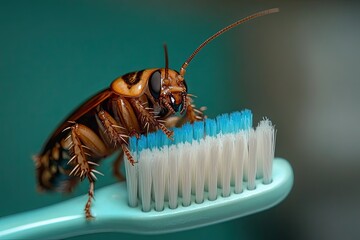 Cockroach on a toothbrush. This is a photo of a cockroach standing on a toothbrush, a visual representation of unhygienic conditions.