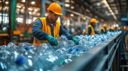 A worker sorts plastic bottles in a recycling facility, showcasing the importance of waste management and environmental sustainability in industrial settings.