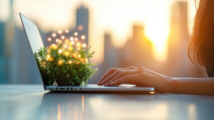 Poster - A businesswoman works on a laptop, using a project management app to organize tasks, set deadlines, and track progress.
