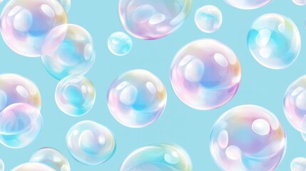 Wall Mural - seamless pattern of transparent soap bubbles floating against a light blue background, creating a pl