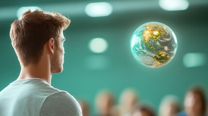 Sticker - A photo of a professor lecturing a diverse group of students, representing global academic collaboration.