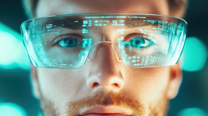 Canvas Print - A worker using augmented reality glasses to inspect a production line, demonstrating the use of cutting edge technologies in smart manufacturing.