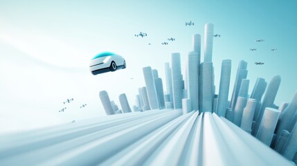 Poster - a futuristic cityscape with self driving cars and drones in the air, visualizing the potential of au
