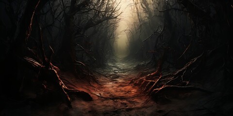 Poster - A dark forest with a path through it