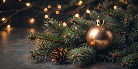 Poster - A gold ornament is sitting on a pine tree branch