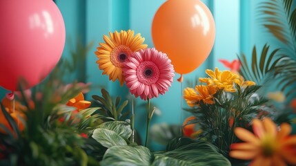 Canvas Print - Colorful flowers and balloons create a festive atmosphere.