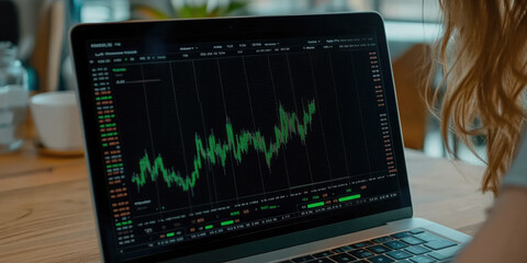 Poster - Businesswoman is analyzing stock market data on a tablet in the city at night, with blurred city lights in the background. The image evokes concepts of finance, technology, and urban living