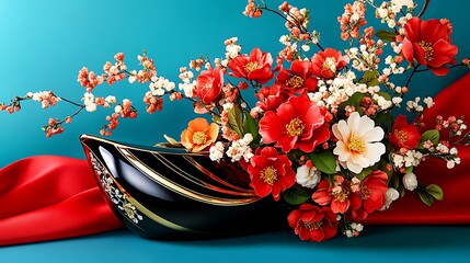 Red and White Flowers in Black Vase on Teal and Red Background