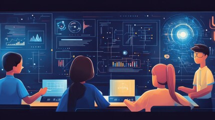 Poster - Students interacting with an AI-driven educational platform that adapts to their learning pace.
