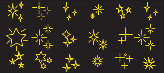 Wall Mural - Hand drawn gold star sparkle shine of doodle set. Yellow star shine twinkle glow, spark glitter, magic party light vector illustration. Hand drawn sketch doodle style line sparkle elements