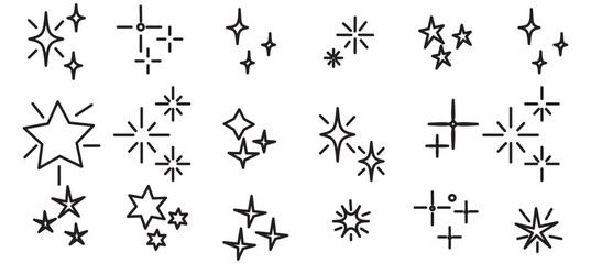 Wall Mural - Set of Twinkle stars. Shiny twinkle sparks. Seamless pattern with stars. Yellow, orange sparkles symbols vector. The set of sparkle stars icon. Glittering star vector. Glowing light effect stars