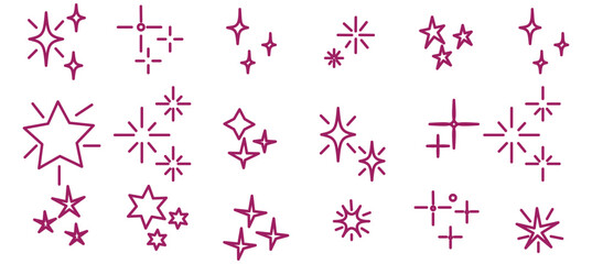 Wall Mural - Hand drawn gold star sparkle shine of doodle set. Yellow star shine twinkle glow, spark glitter, magic party light vector illustration. Hand drawn sketch doodle style line sparkle elements