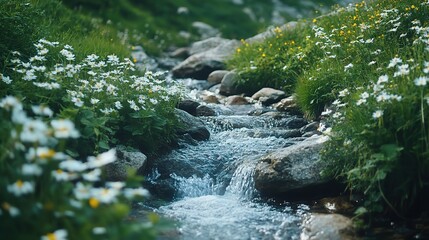 Sticker - Gentle Stream Flowing Through Flowering Meadow