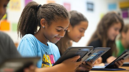 Poster - Students using tablets with adaptive learning technology to receive real-time feedback.