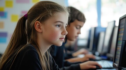 Poster - Teachers guiding students through digital literacy exercises that enhance critical thinking and media literacy.