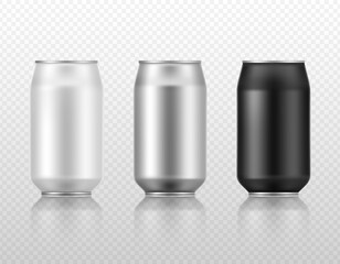 Realistic 3D aluminium cans set in different colors. Isolated vector mockup template for beverage. Beer, soda, energetic, juice, lemonade container.