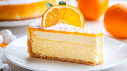 A delicious slice of freshly baked cake, set apart from a background of orange cheesecake.