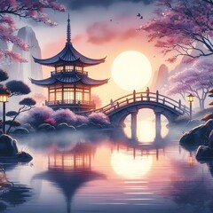 Wall Mural - serene japanese garden at twilight with a misty pagoda silhouette cherry blossoms and a arched bridge reflected in a tranquil koi pond rendered in soft watercolors.
