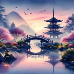 Wall Mural - serene japanese garden at twilight with a misty pagoda silhouette cherry blossoms and a arched bridge reflected in a tranquil koi pond rendered in soft watercolors.