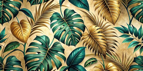  This exquisite vintage wallpaper showcases tropical leaves against a beige background, adorned with golden textures, ideal for adding a luxurious flair to your decor.