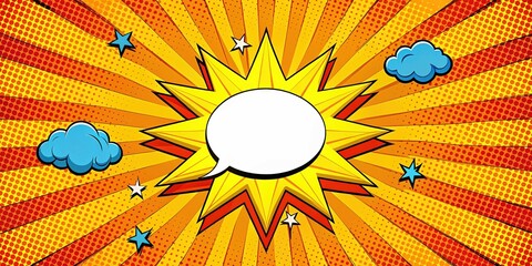 This striking retro halftone sun ray design showcases dynamic starbursts and blank comic speech bubbles, capturing the essence of pop art for engaging artistic expressions.