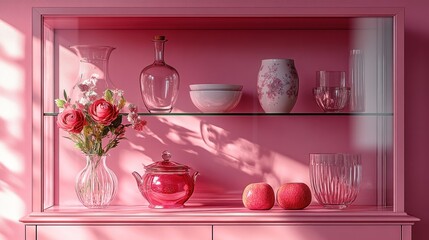 Sticker - Pink shelf displaying decorative items and flowers.