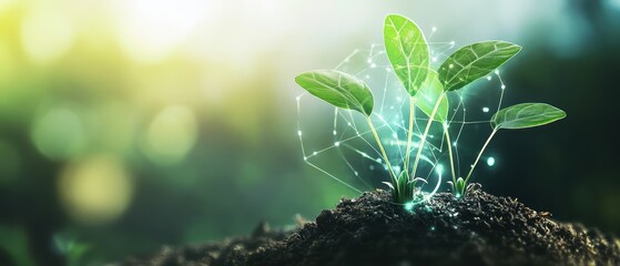 Canvas Print - A vibrant green plant sprouts from rich soil, glowing with digital connections, symbolizing growth, technology, and sustainability in a luminescent environment.