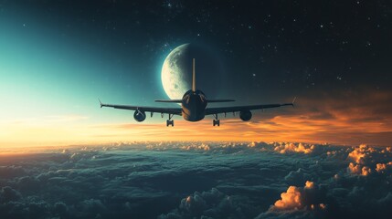 Wall Mural - Airplane Soaring Above Clouds at Sunset with Moon in Background