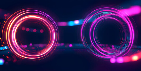 Sticker - Set of neon blurry light circles at motion. Abstract bright neon loop with transparency. Night road speed illustration. Rounded neon line with light effect.